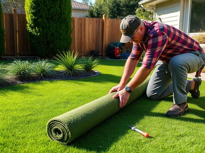 Installer rolling out artificial turf in a backyard