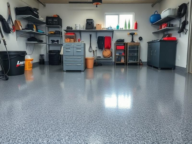 Freshly coated glossy epoxy garage floor with flake finish