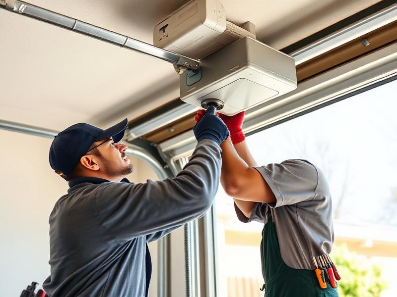 Technician servicing a residential garage door opener