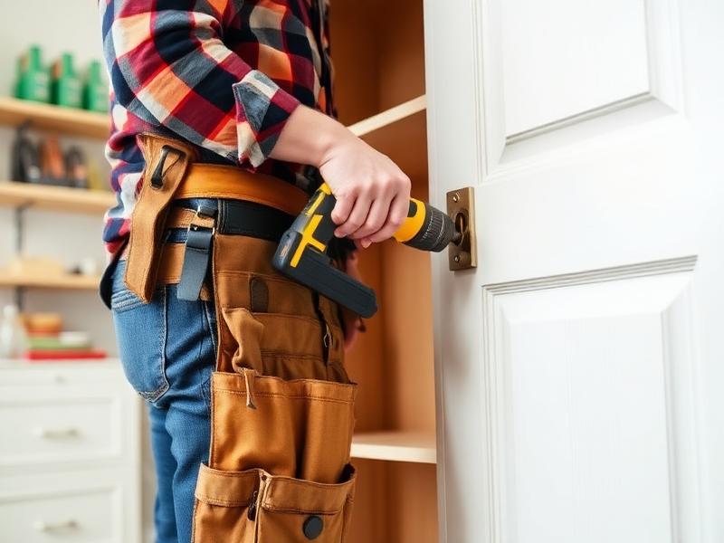 Handyman with a tool belt installing a cabinet hinge