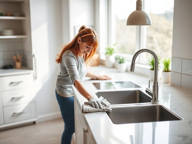 House cleaner wiping down a bright kitchen counter