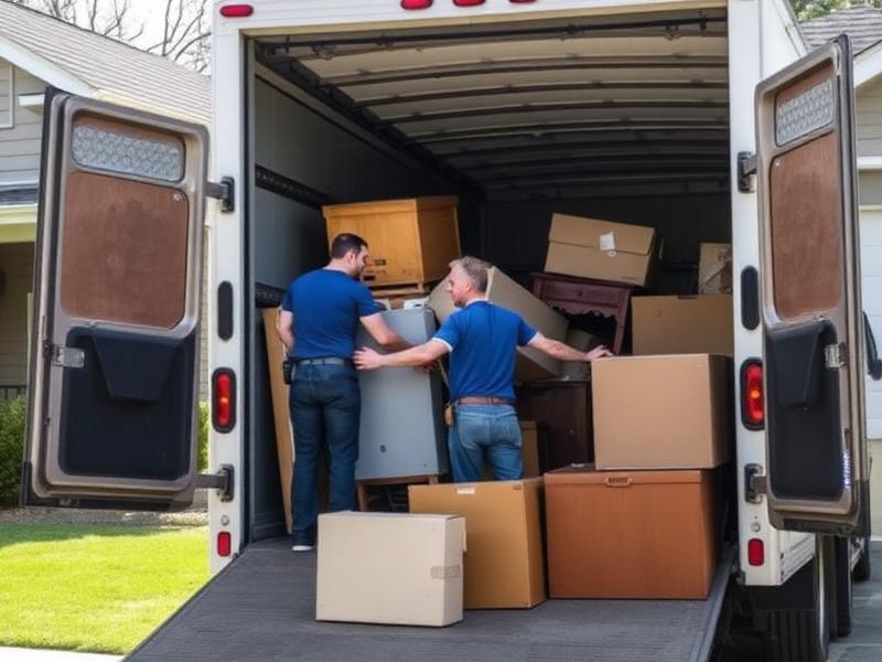 Two workers loading old furniture into a junk removal truck