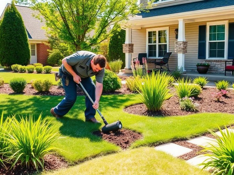 Landscaper planting and edging a front yard garden bed