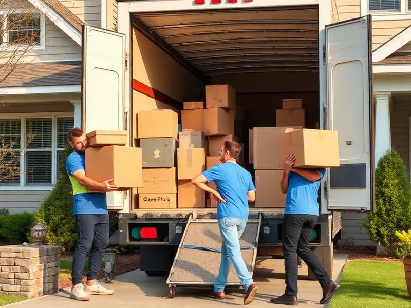 Movers carrying boxes into a moving truck outside a home