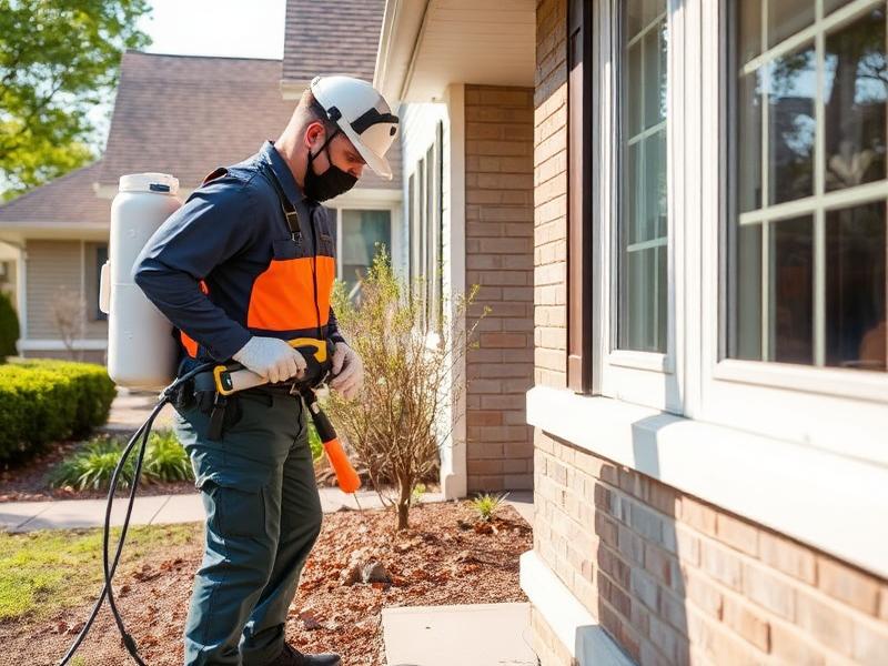 Pest control technician treating the exterior perimeter of a home