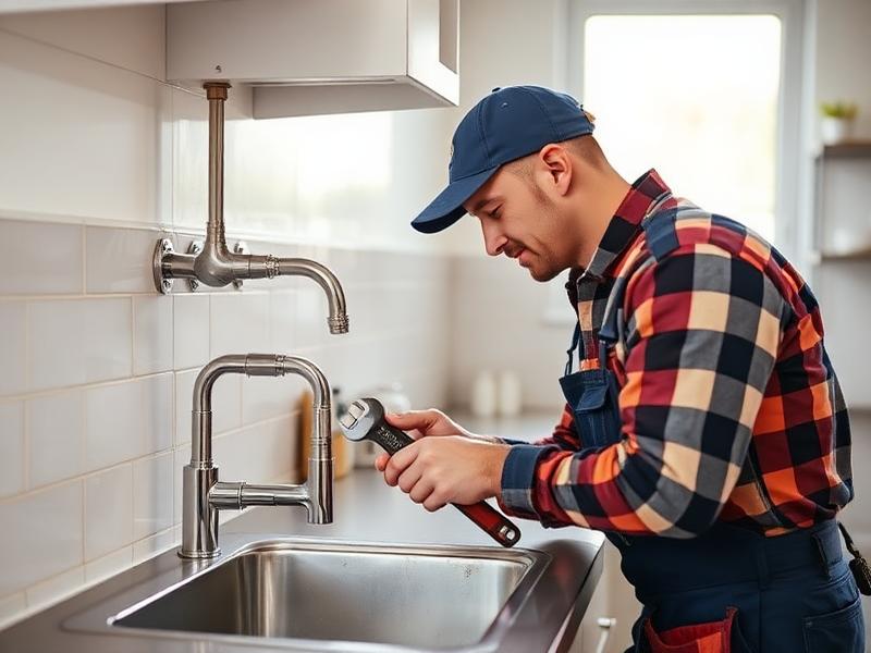 Plumber repairing pipes under a kitchen sink