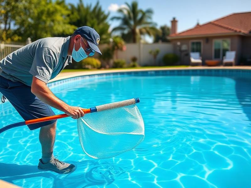 Pool technician skimming a clean backyard swimming pool