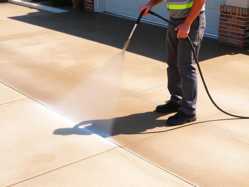 Worker pressure washing a concrete driveway clean