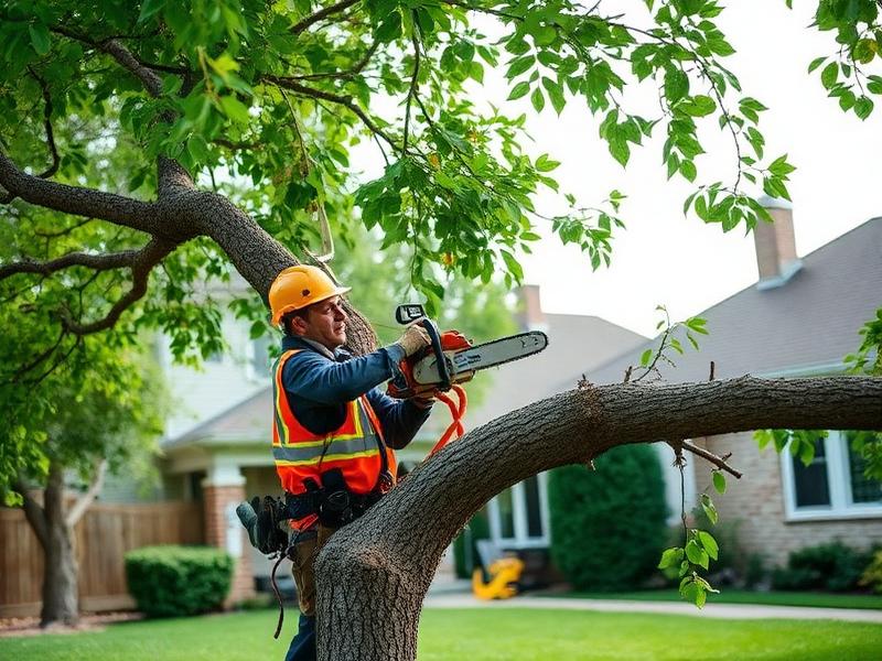 Arborist trimming a large tree branch with a chainsaw
